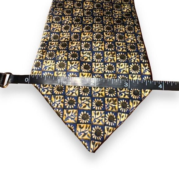 Lanvin Navy & Gold Flower Checkerboard Handmade 100% Silk Tie - Picture 2 of 6